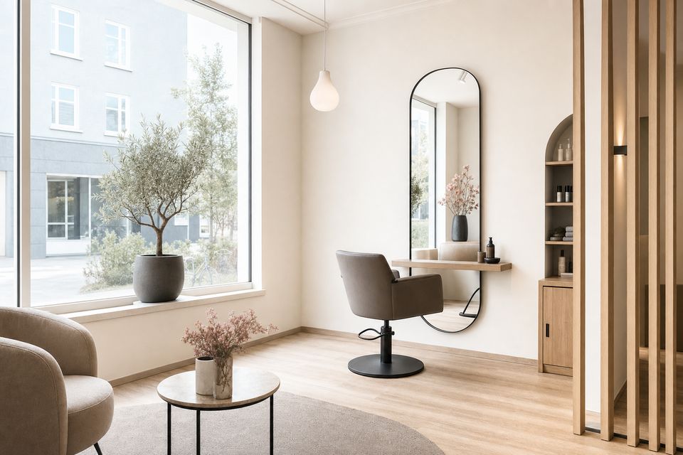Helles Stimmungsbild: Friseurstuhl vor Spiegel und großem Fenster in einem ruhigen, hellen Salon